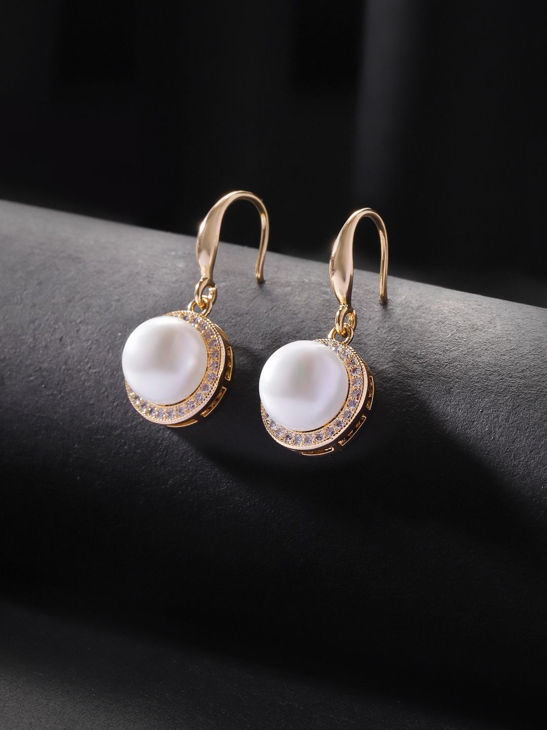 Carlton London White Gold-Plated Beaded & Stone-Studded Circular Drop Earrings Price in India