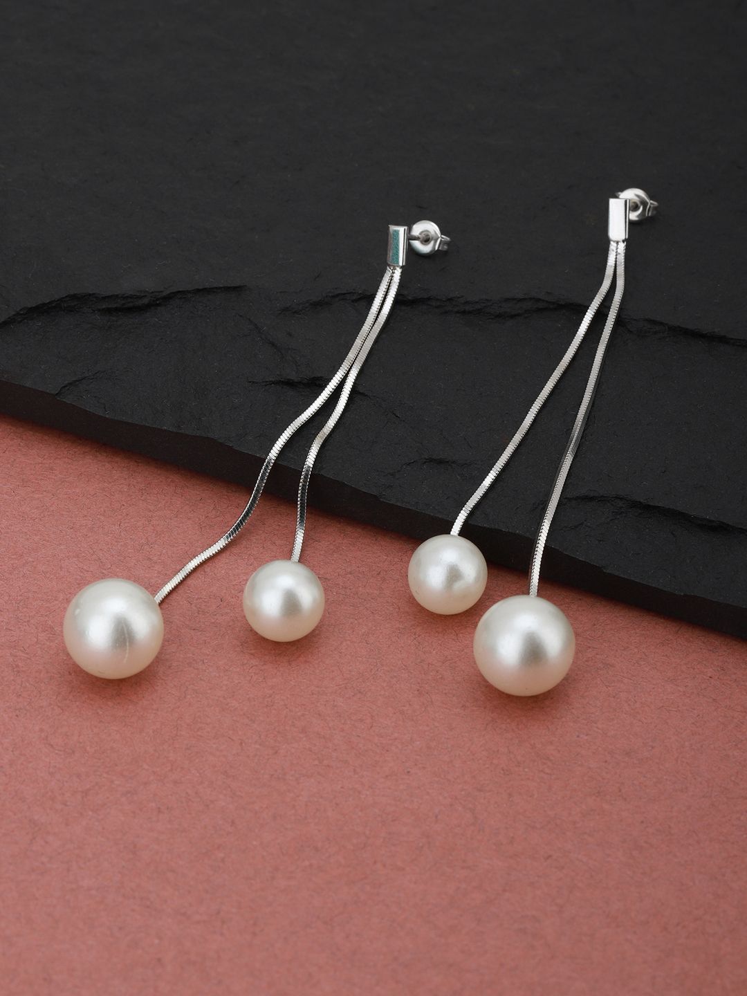 Carlton London Rhodium-Plated Silver-Toned & White Contemporary Drop Earrings Price in India