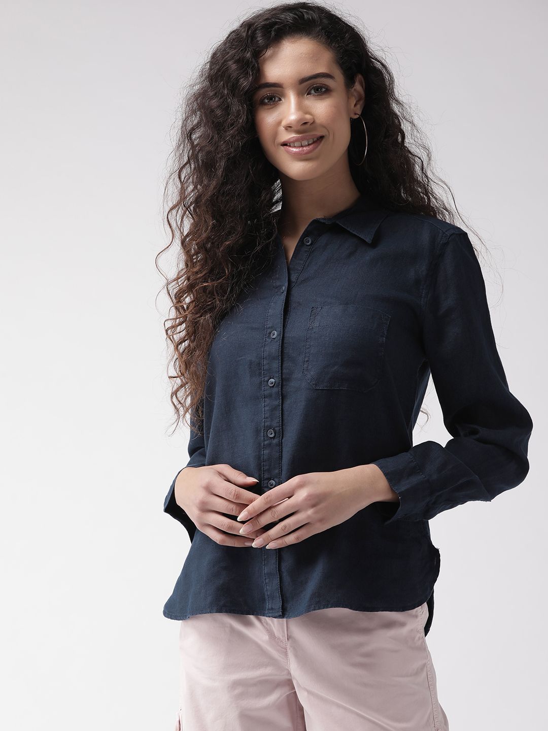 Marks & Spencer Women Navy Blue Regular Fit Linen Solid Casual Shirt