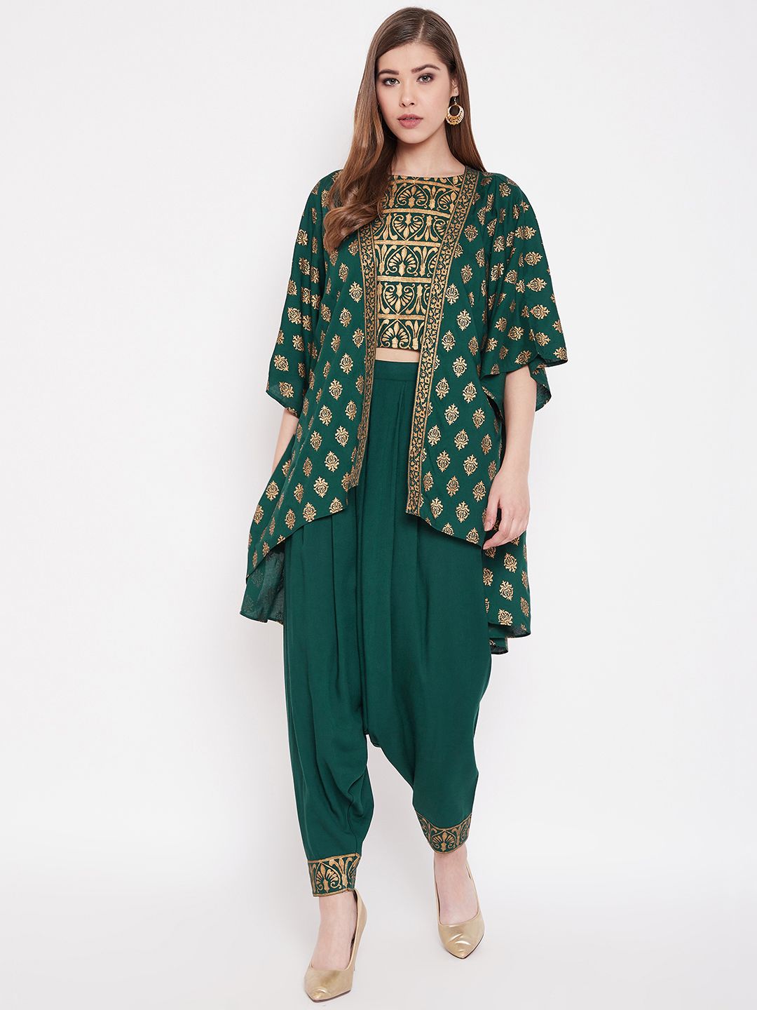 MABISH by Sonal Jain Women Green & Golden Printed Open Front Shrug Price in India