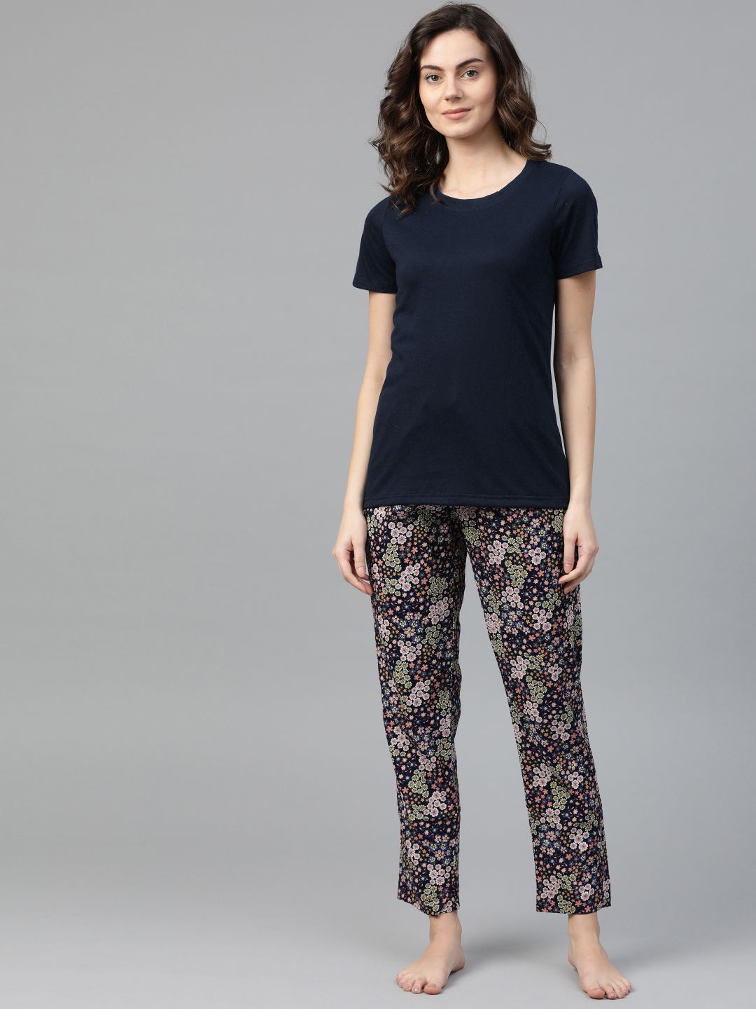 DRAPE IN VOGUE Women Navy Blue & Pink Floral Print Pyjamas Set Price in India