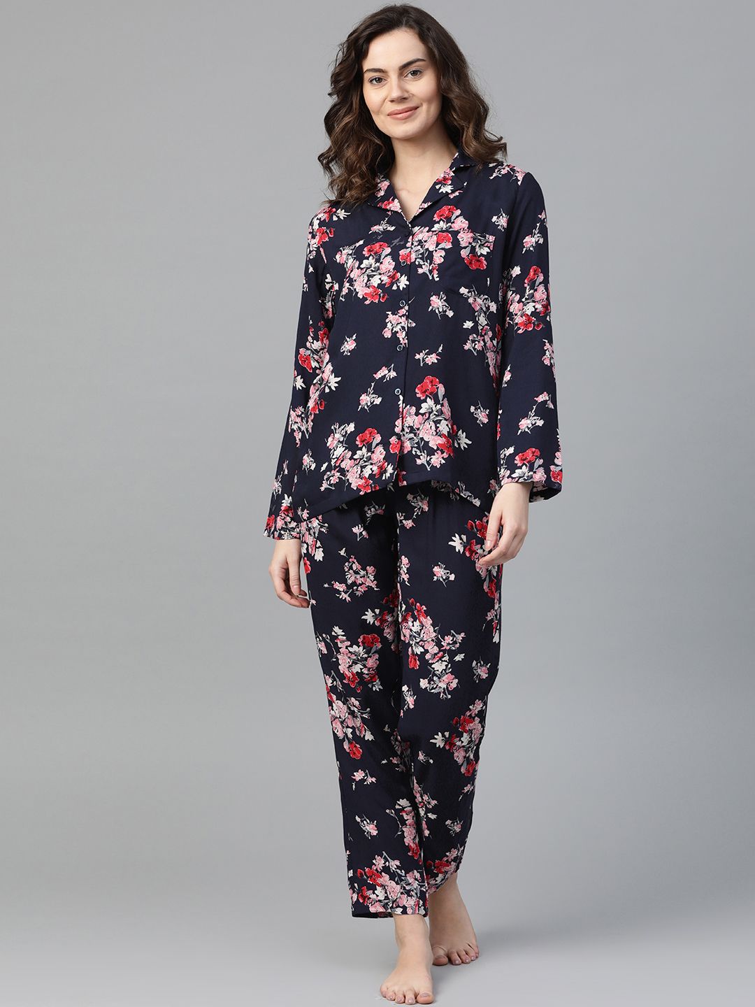 DRAPE IN VOGUE Women Navy Blue & Pink Floral Print Pyjamas Set Price in India