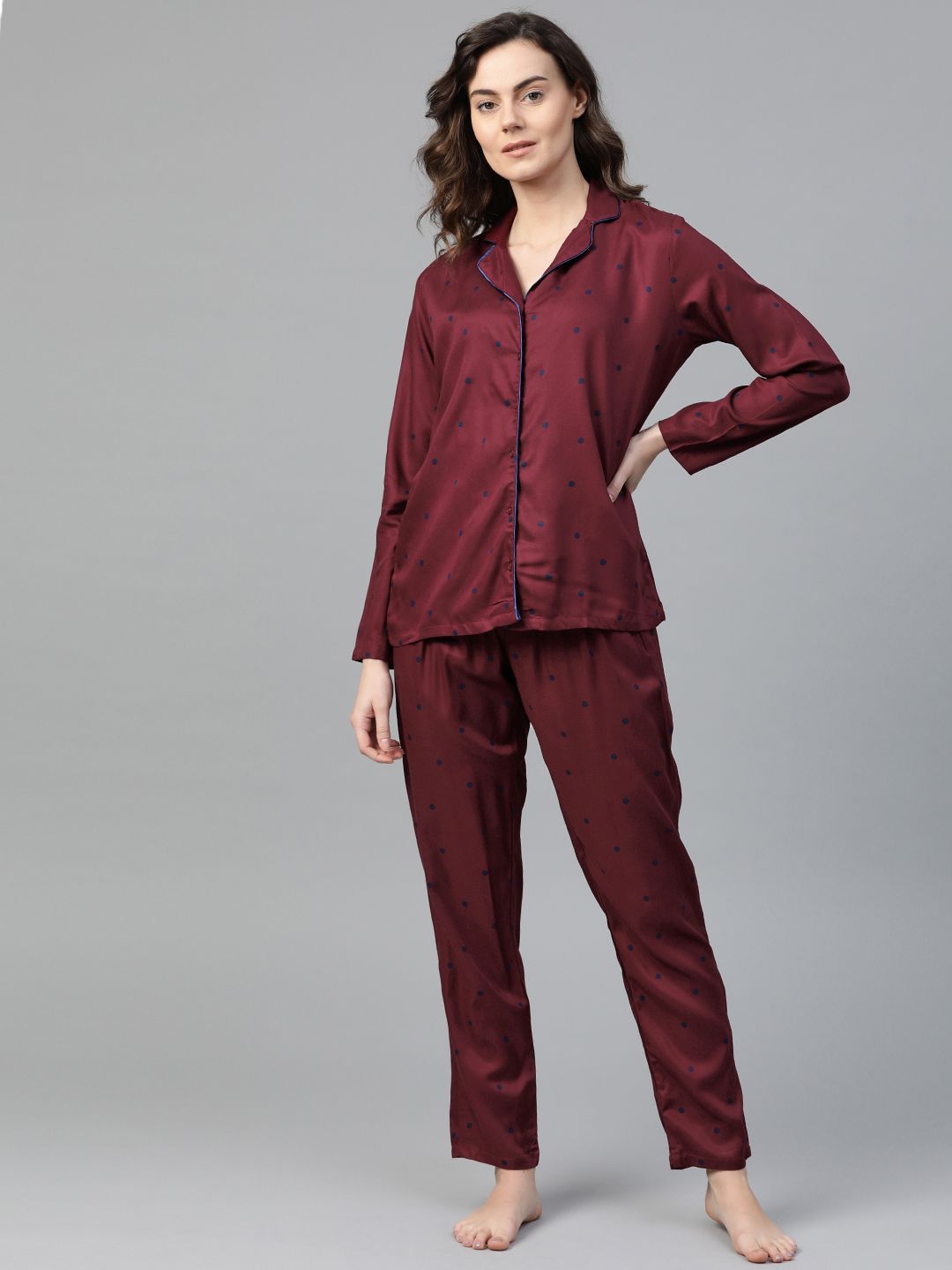 DRAPE IN VOGUE Women Maroon & Navy Blue Printed Night suit Price in India