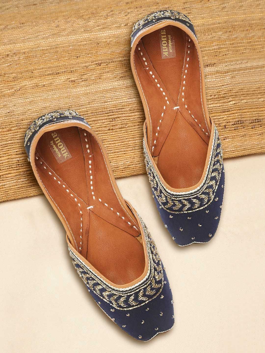 Anouk Women Navy Blue & Gold-Toned Beaded Mojaris Price in India