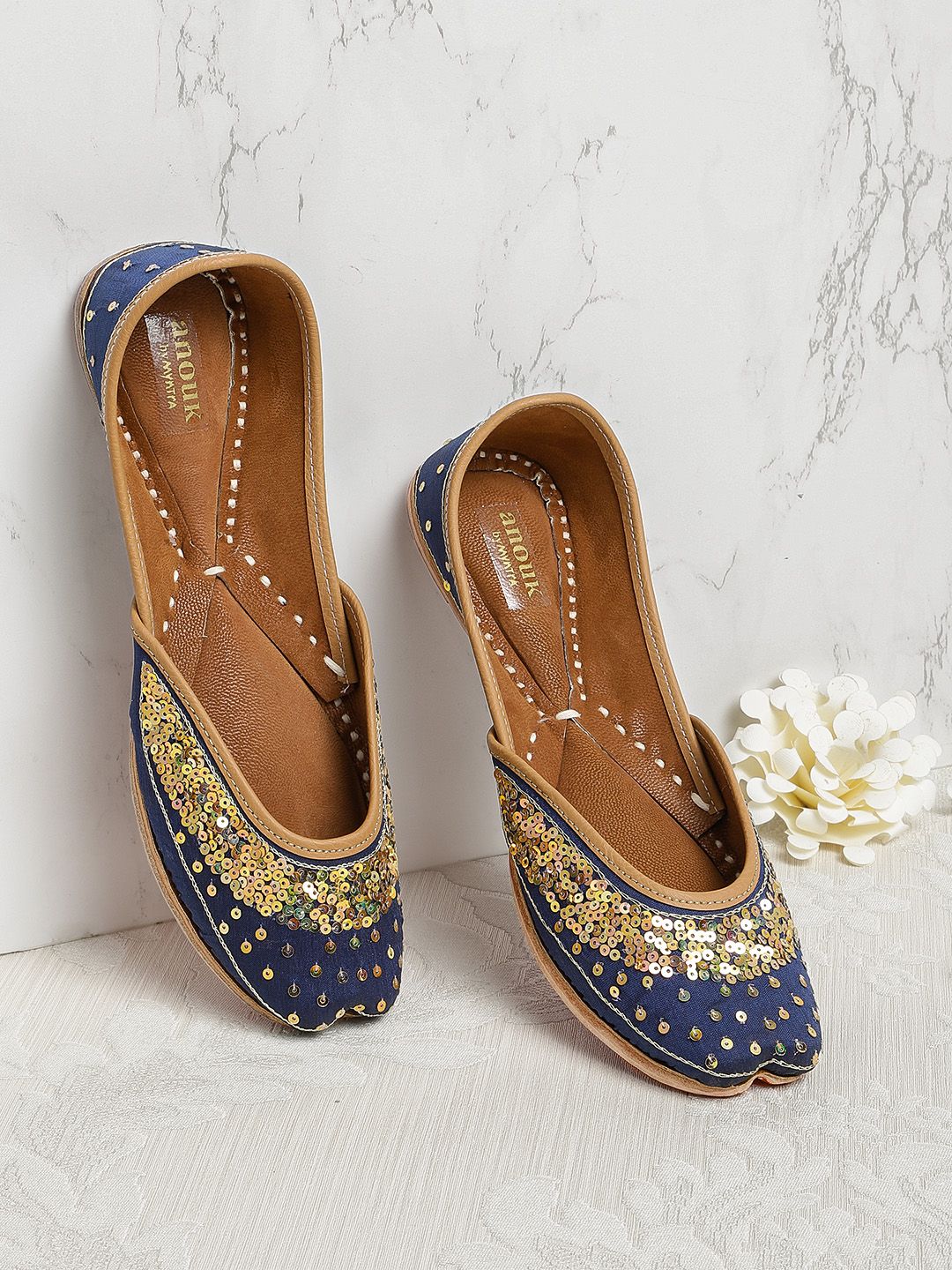 Anouk Women Navy Blue & Gold-Toned Sequinned Mojaris Price in India