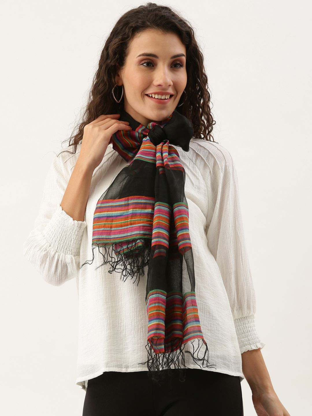 Ayesha Women Multicoloured Striped Frayed Scarf Price in India