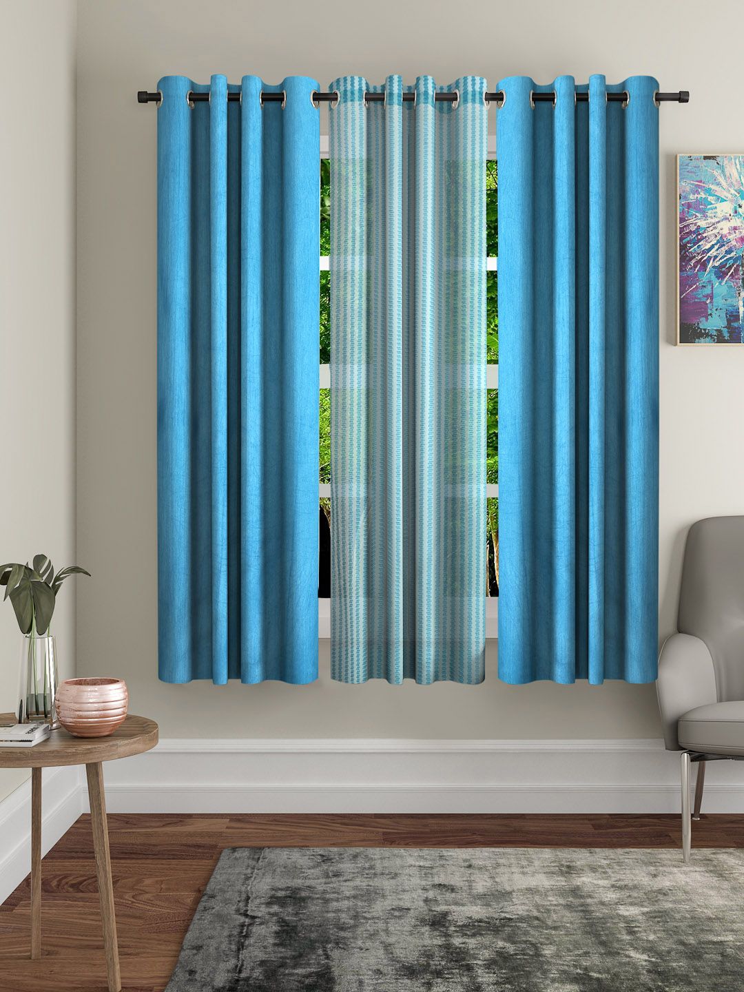 Home Sizzler Turquoise Blue Set of 3 Window Curtains Price in India