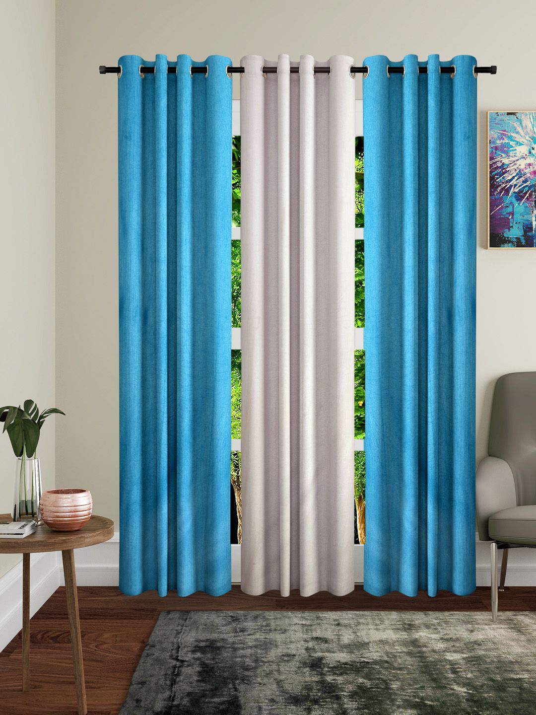 Home Sizzler Turquoise Blue & Cream-Coloured Set of 3 Door Curtains Price in India