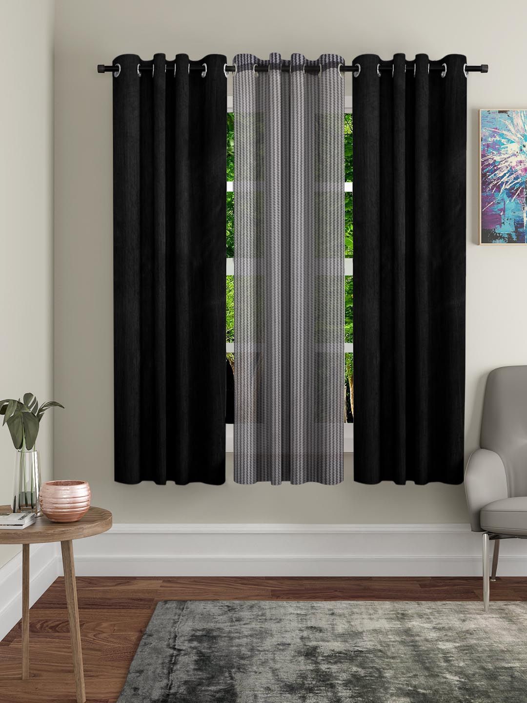 Home Sizzler Black Set of 3 Window Curtains Price in India