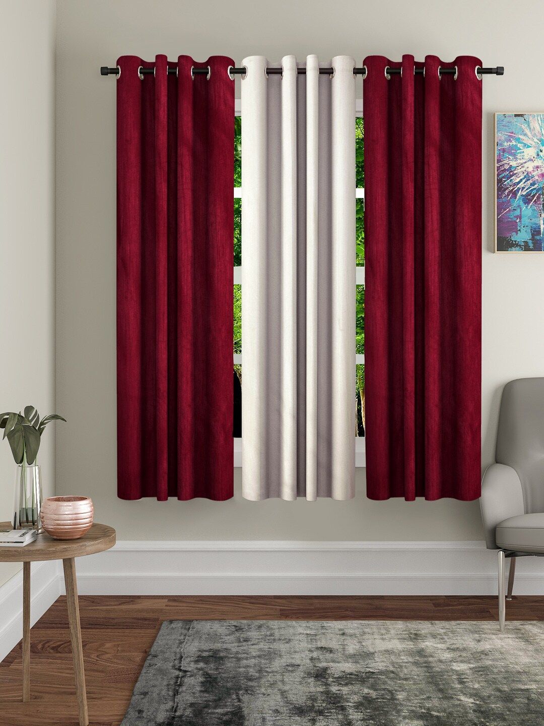 Home Sizzler Maroon & Cream-Coloured Set of 3 Window Curtains Price in India