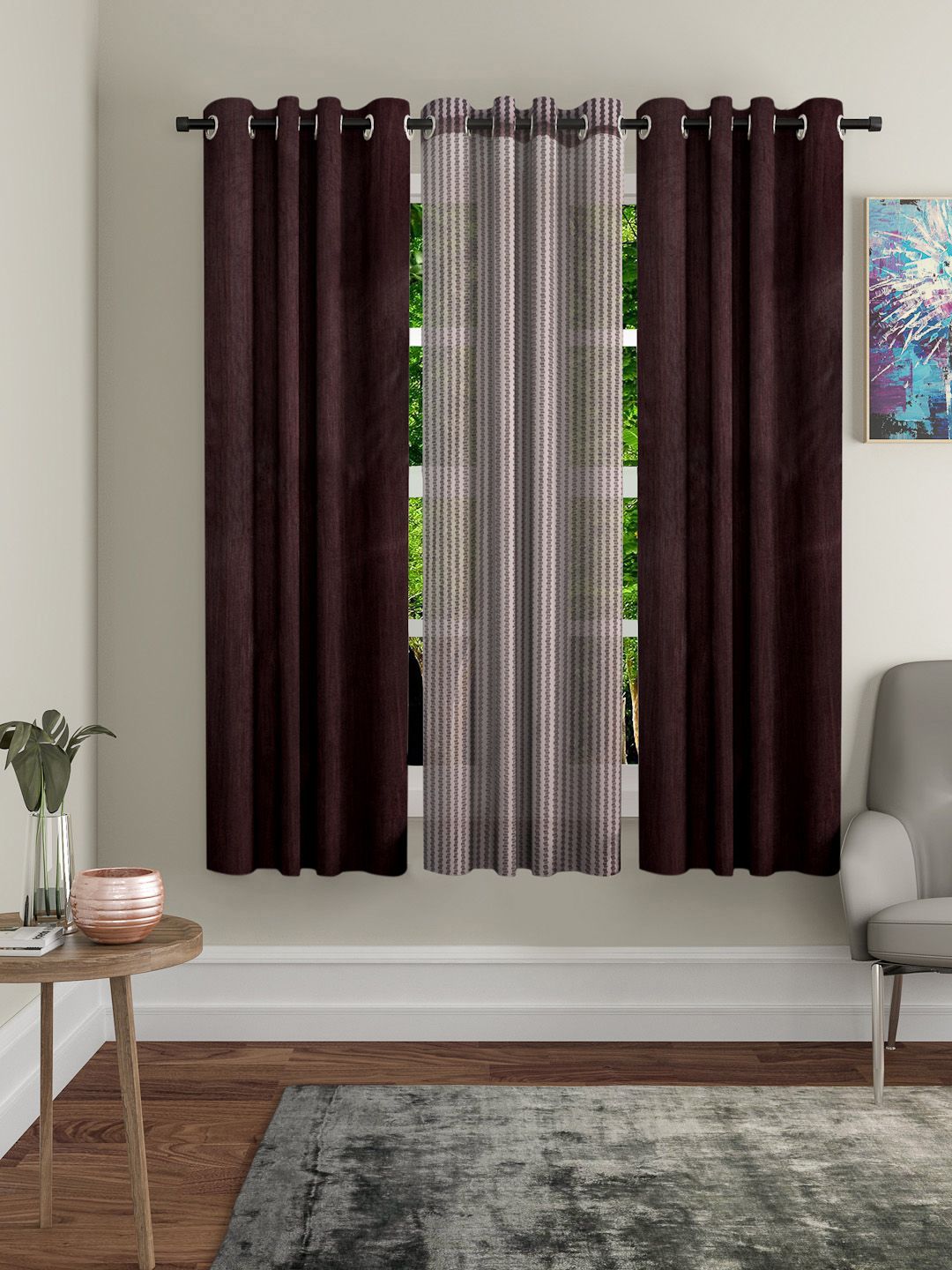 Home Sizzler Brown & White Set of 3 Window Curtains Price in India