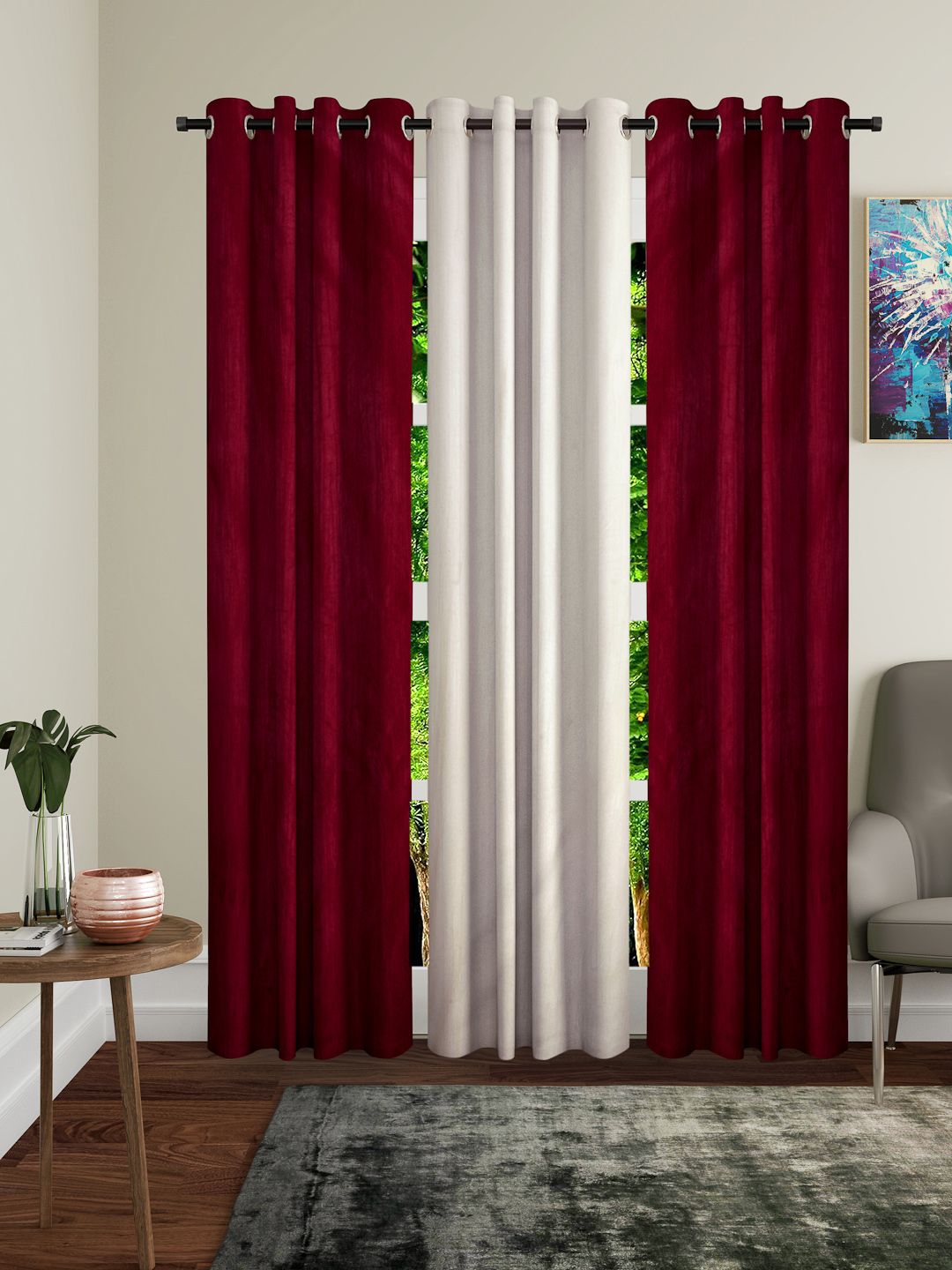 Home Sizzler Maroon & Cream-Coloured Set of 3 Door Curtains Price in India