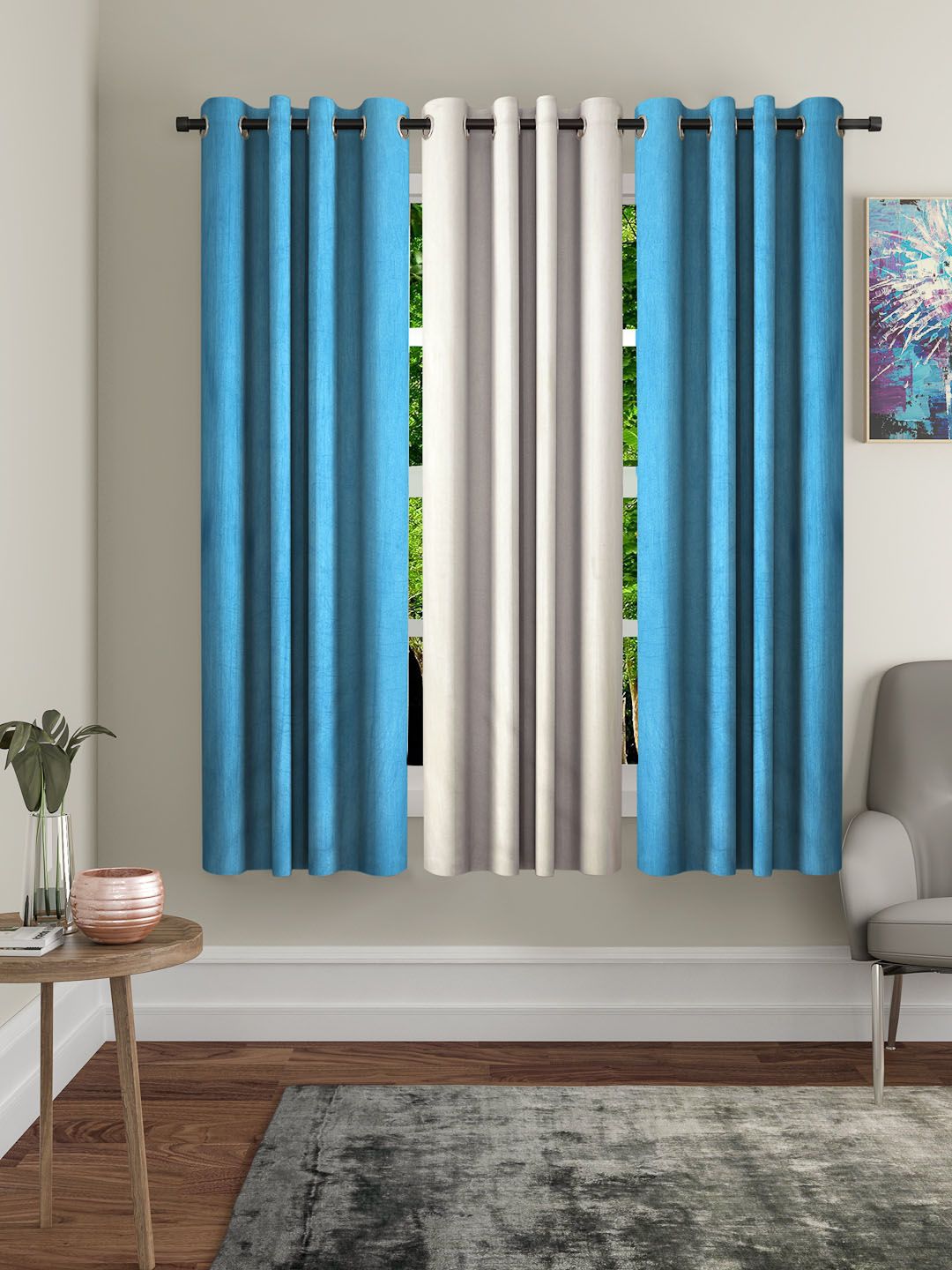 Home Sizzler Turquoise Blue & Cream-Coloured Set of 3 Window Curtains Price in India