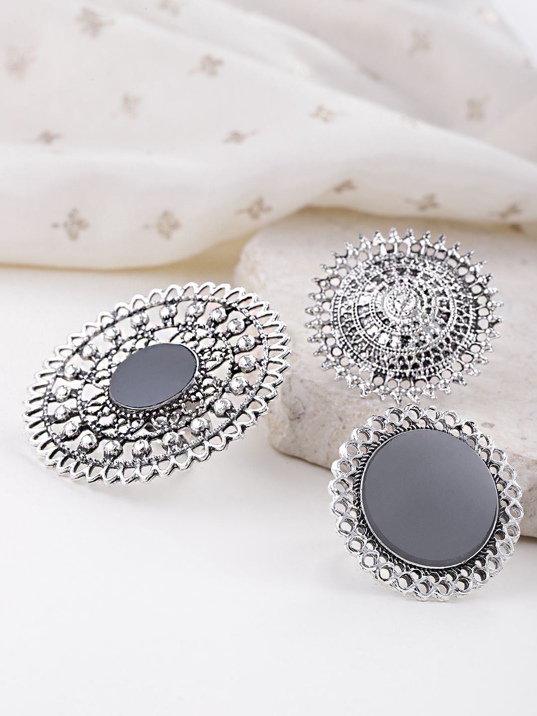YouBella Set of 3 Oxidised Silver-Plated Afgan Adjustable Finger Rings Price in India