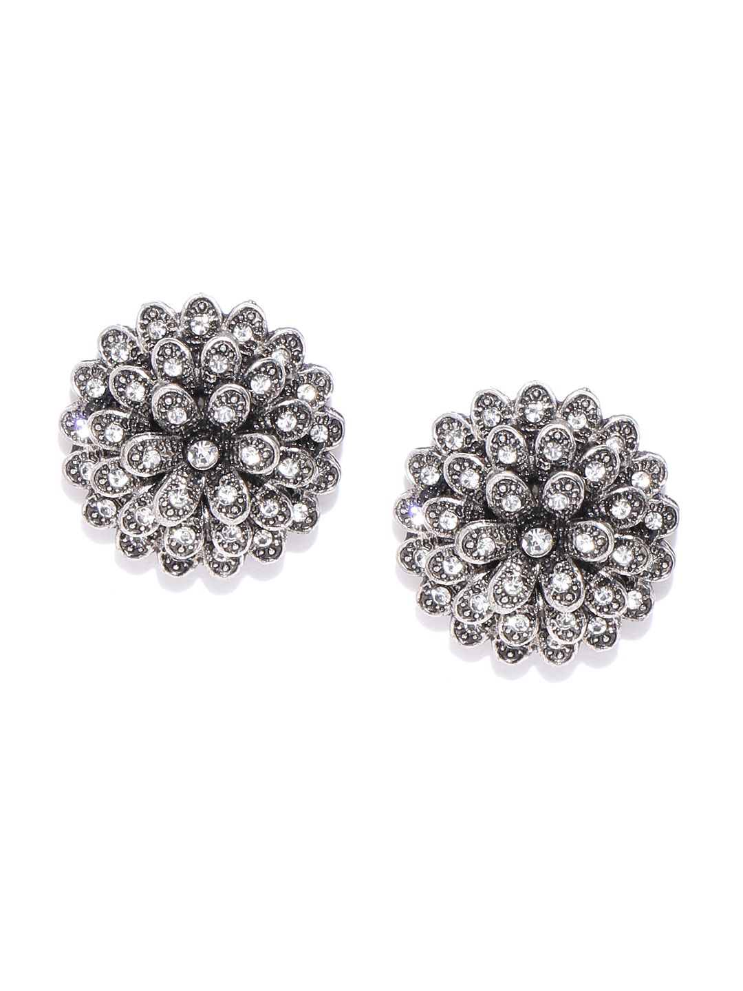 YouBella Oxidised Gunmetal-Toned Silver Plated Stone Studded Floral Studs Price in India