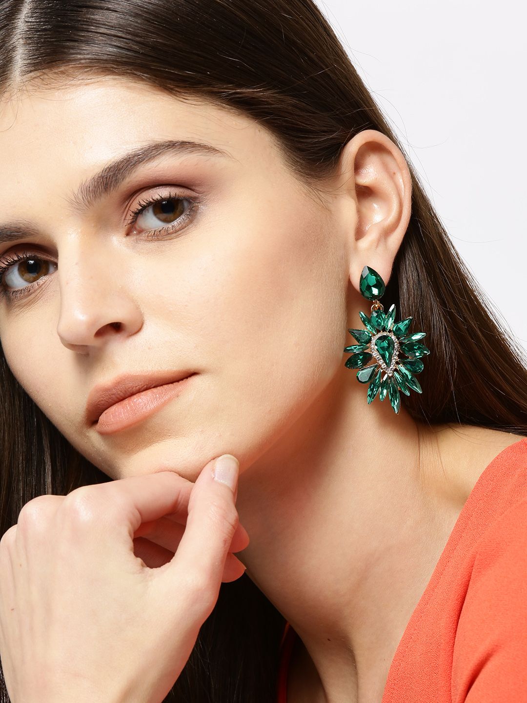 YouBella Green Stone-Studded Contemporary Drop Earrings Price in India