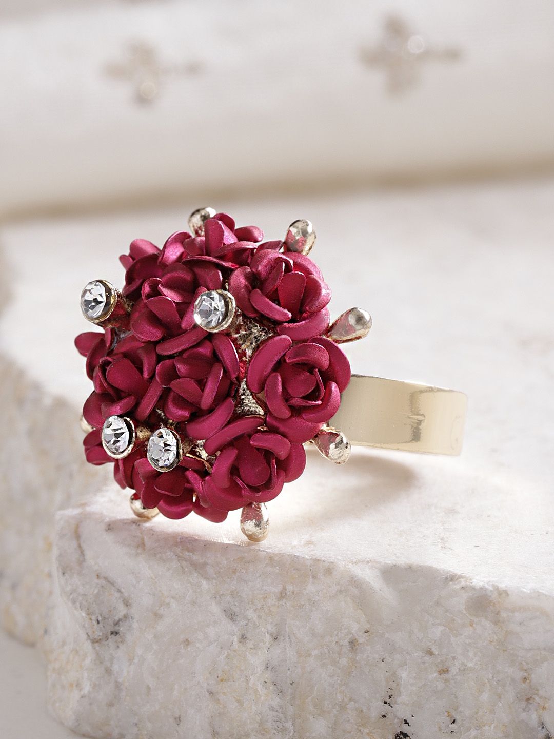 YouBella Magenta Gold-Plated Stone-Studded Floral Adjustable Finger Ring Price in India