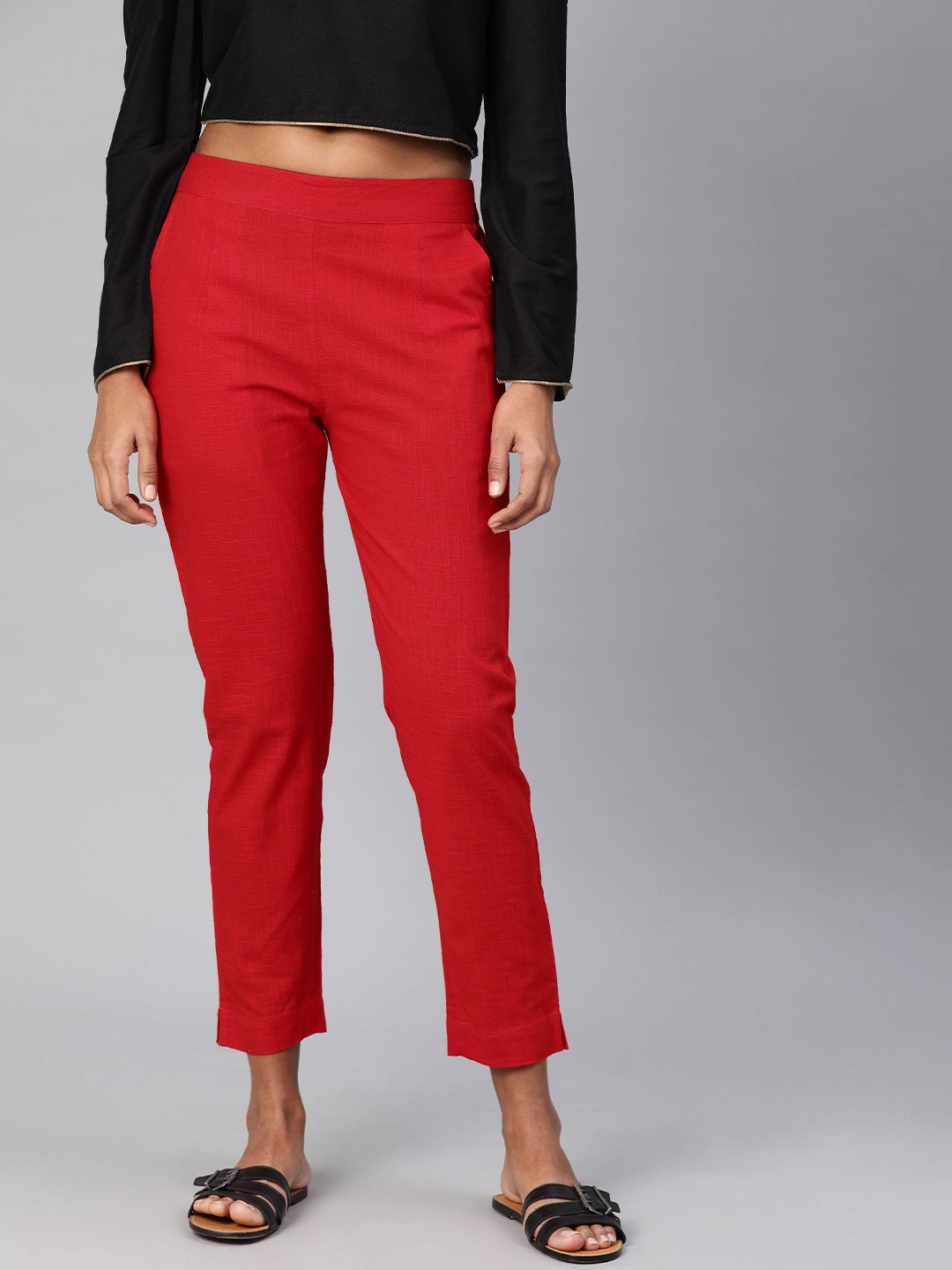 Divena Women Red Straight Fit Solid Regular Trousers Price in India