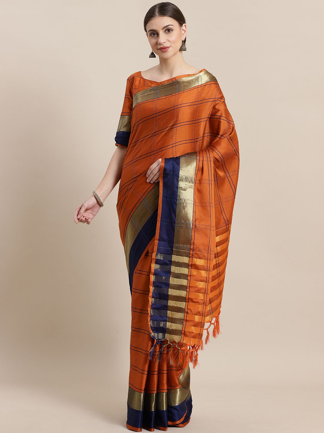 Saree mall Rust Orange & Blue Checked Saree Price in India