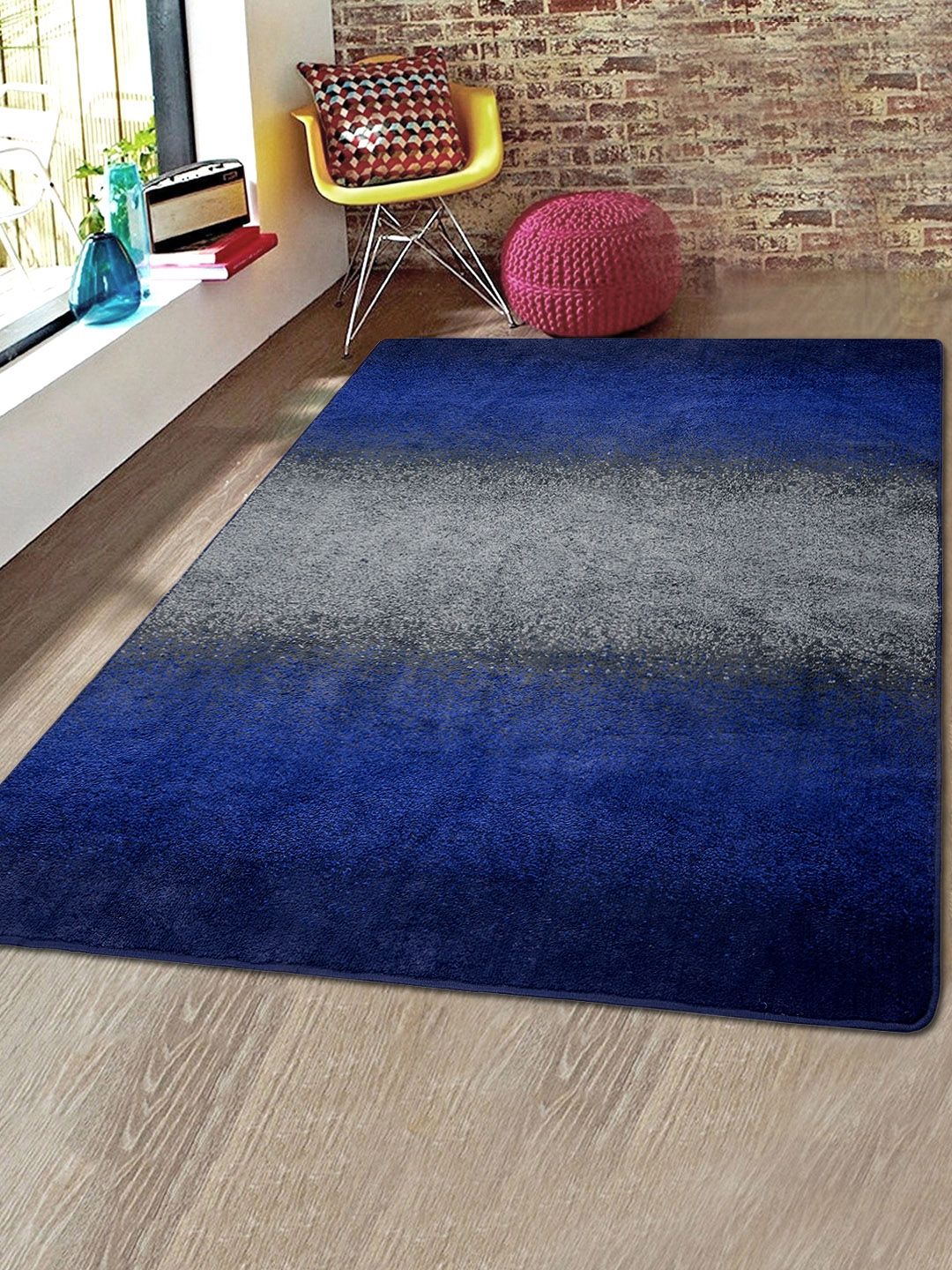Saral Home Blue & Grey Colourblocked Microfiber Anti-Skid Carpet Price in India