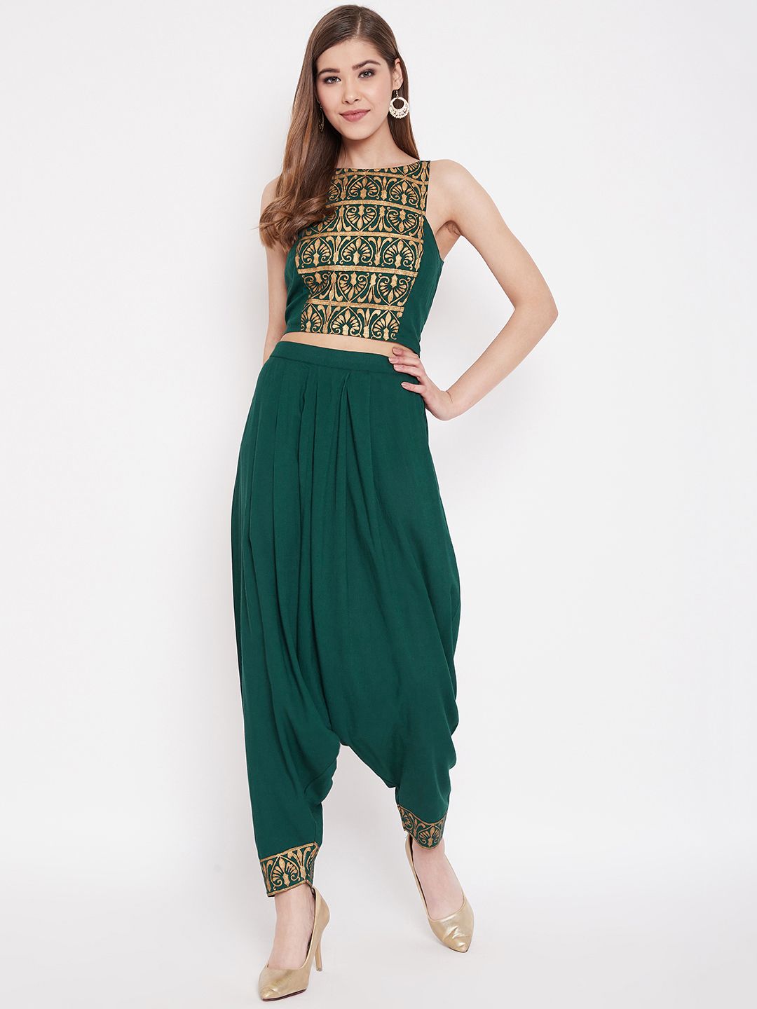 MABISH by Sonal Jain Women Green & Golden Printed Top with Dhoti Pants Price in India
