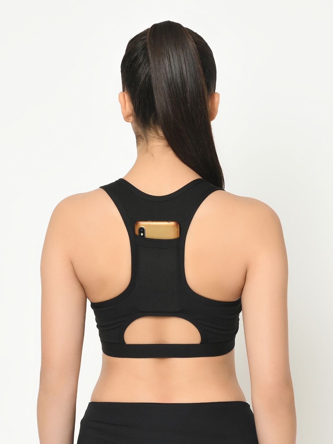 Da Intimo Black Solid Non-Wired Lightly Padded Cell Phone Pocket Sports Bra DIX-194 Price in India