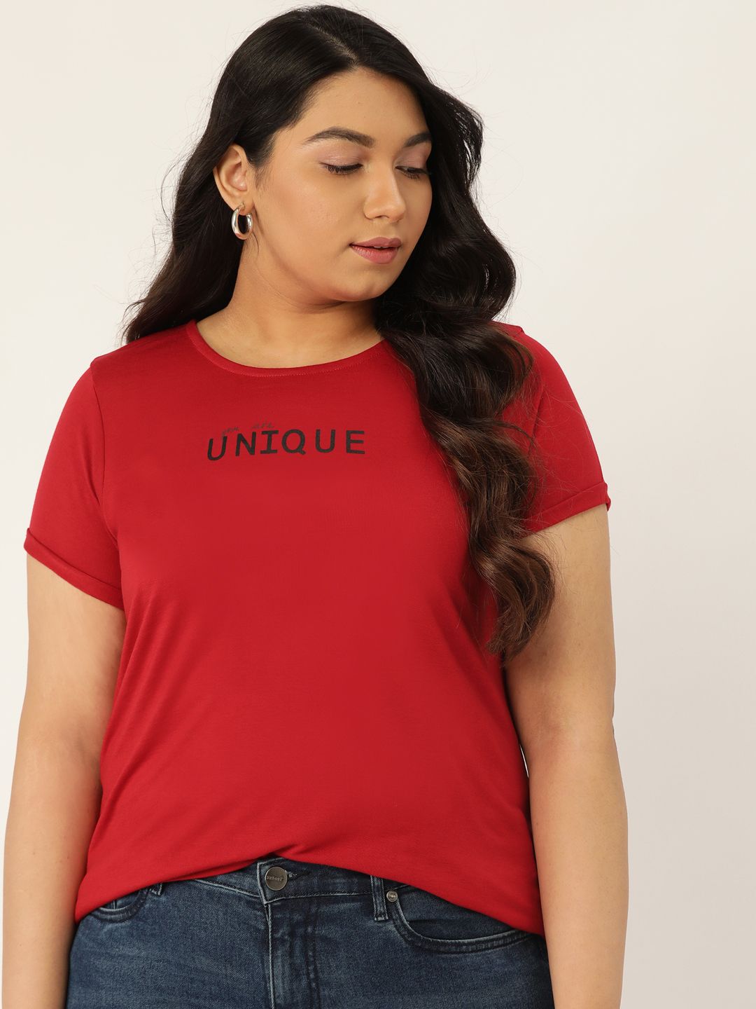 Sztori Women Red Solid Round Neck Plus Size T-shirt