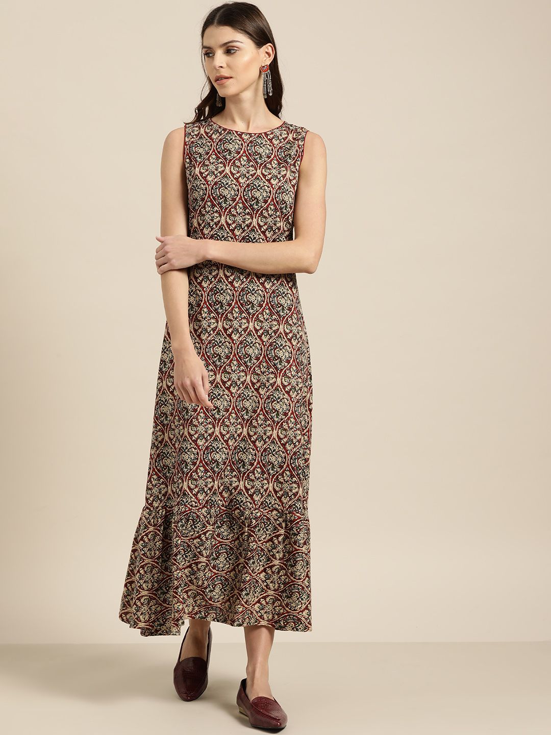 Shae by SASSAFRAS Women Beige & Maroon Printed A-Line Maxi Dress Price in India
