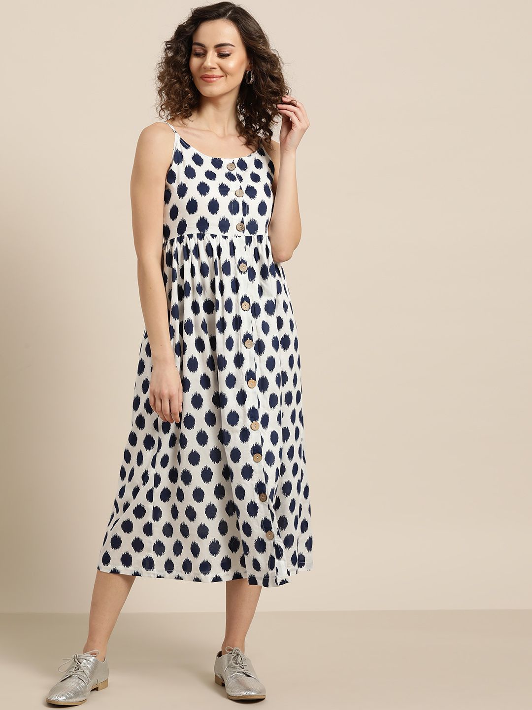 Shae by SASSAFRAS Women White & Navy Blue Printed A-Line Dress