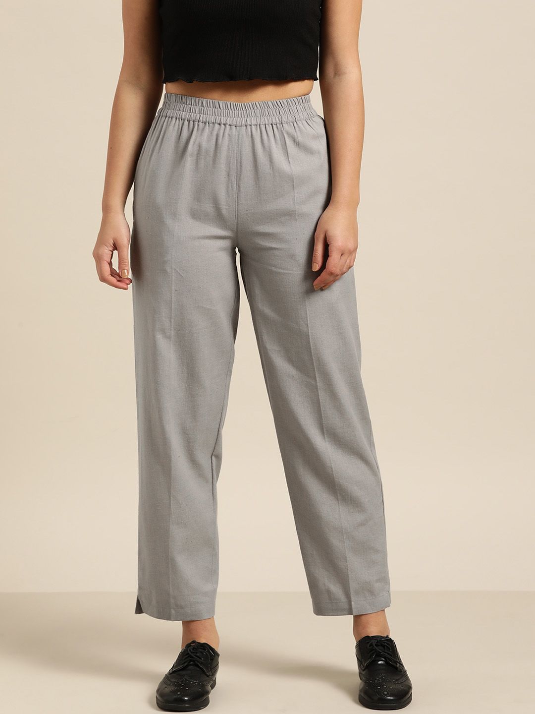 Shae by SASSAFRAS Women Grey Straight Fit Solid Regular Trousers