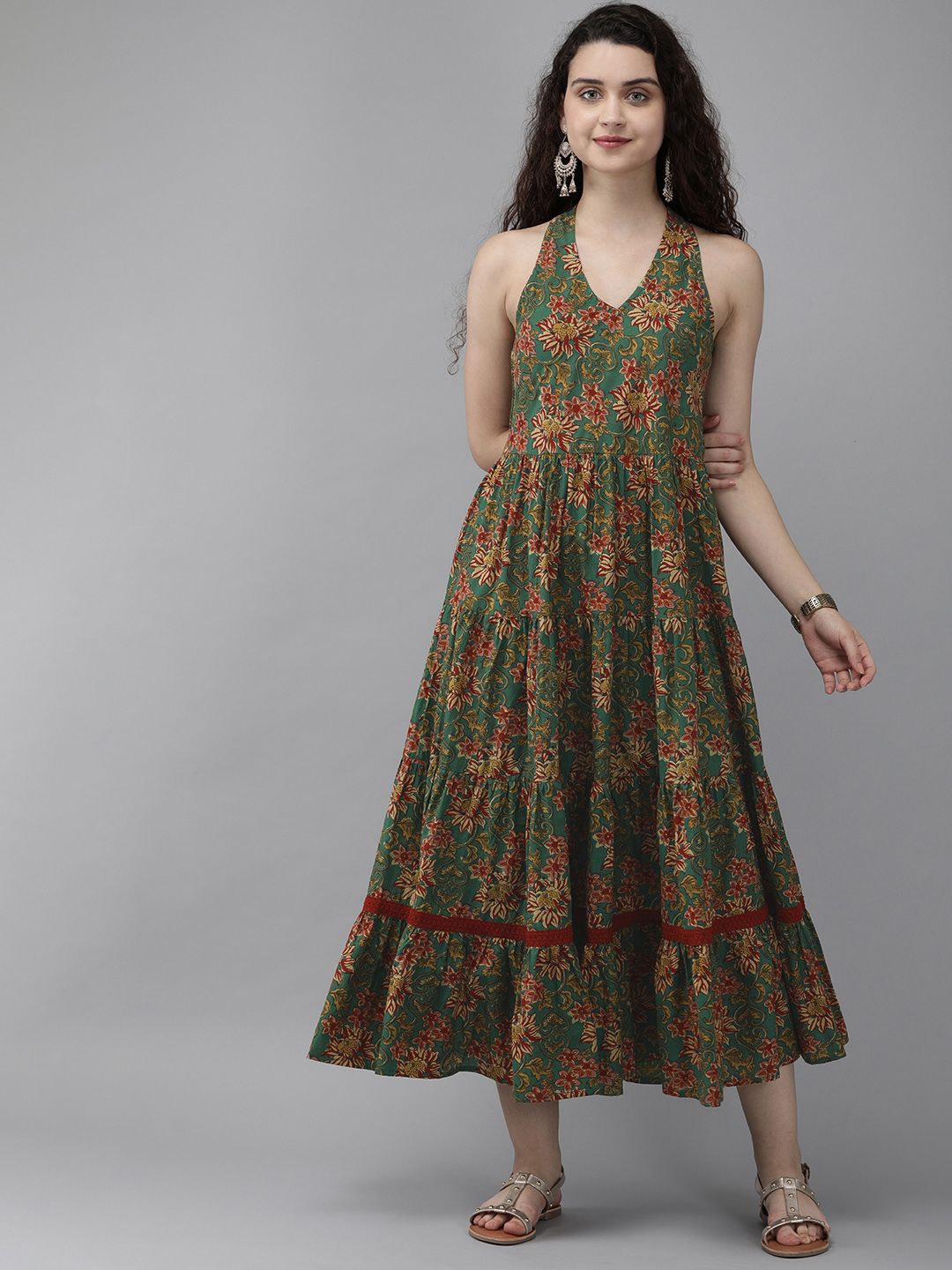 Rain & Rainbow Women Green & Maroon Floral Printed Tiered Fit and Flare Dress Price in India