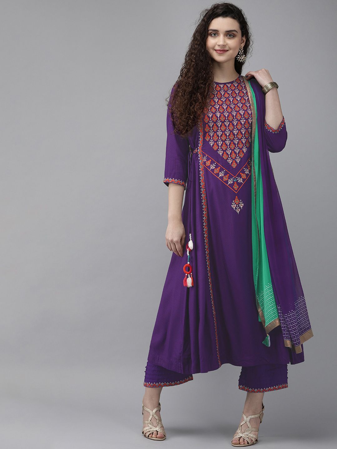 Rain & Rainbow Women Purple Embroidered Kurta with Palazzos & Dupatta Price in India