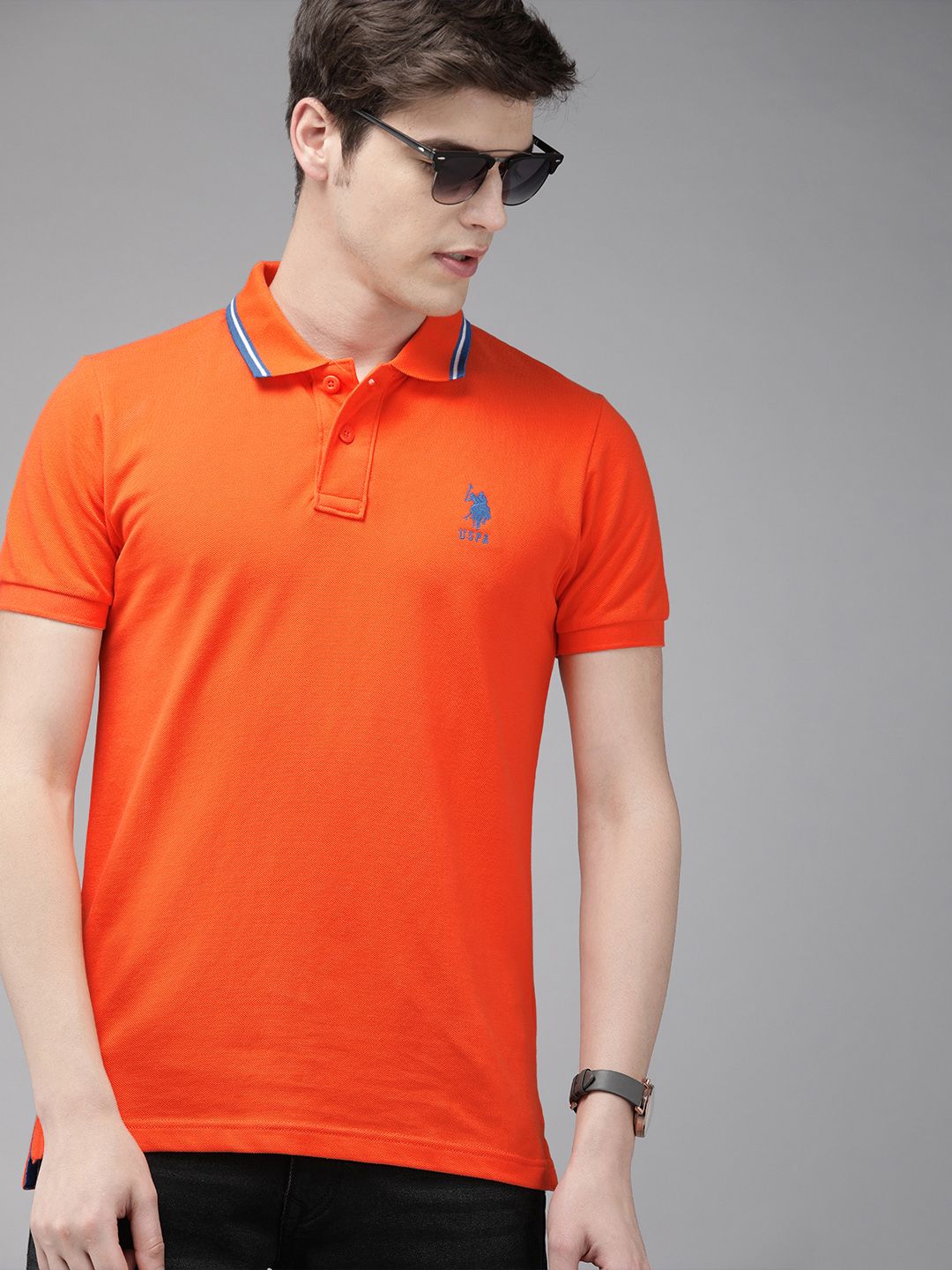 U.S. Polo Assn. Men Orange Solid Polo Collar Pure Cotton T-shirt