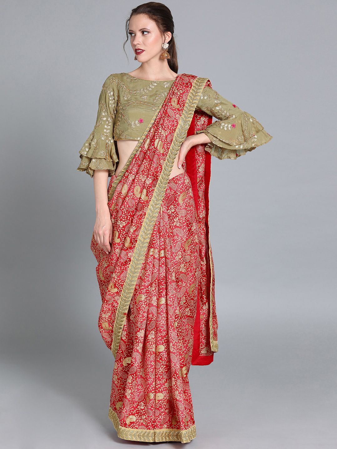 EthnoVogue Red & Green Cotton Blend Printed  Saree