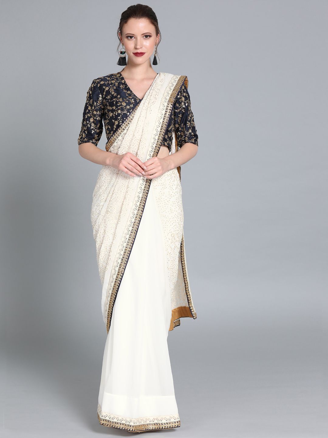 EthnoVogue White Solid Poly Georgette Made To Measure Saree With Embellishments Price in India