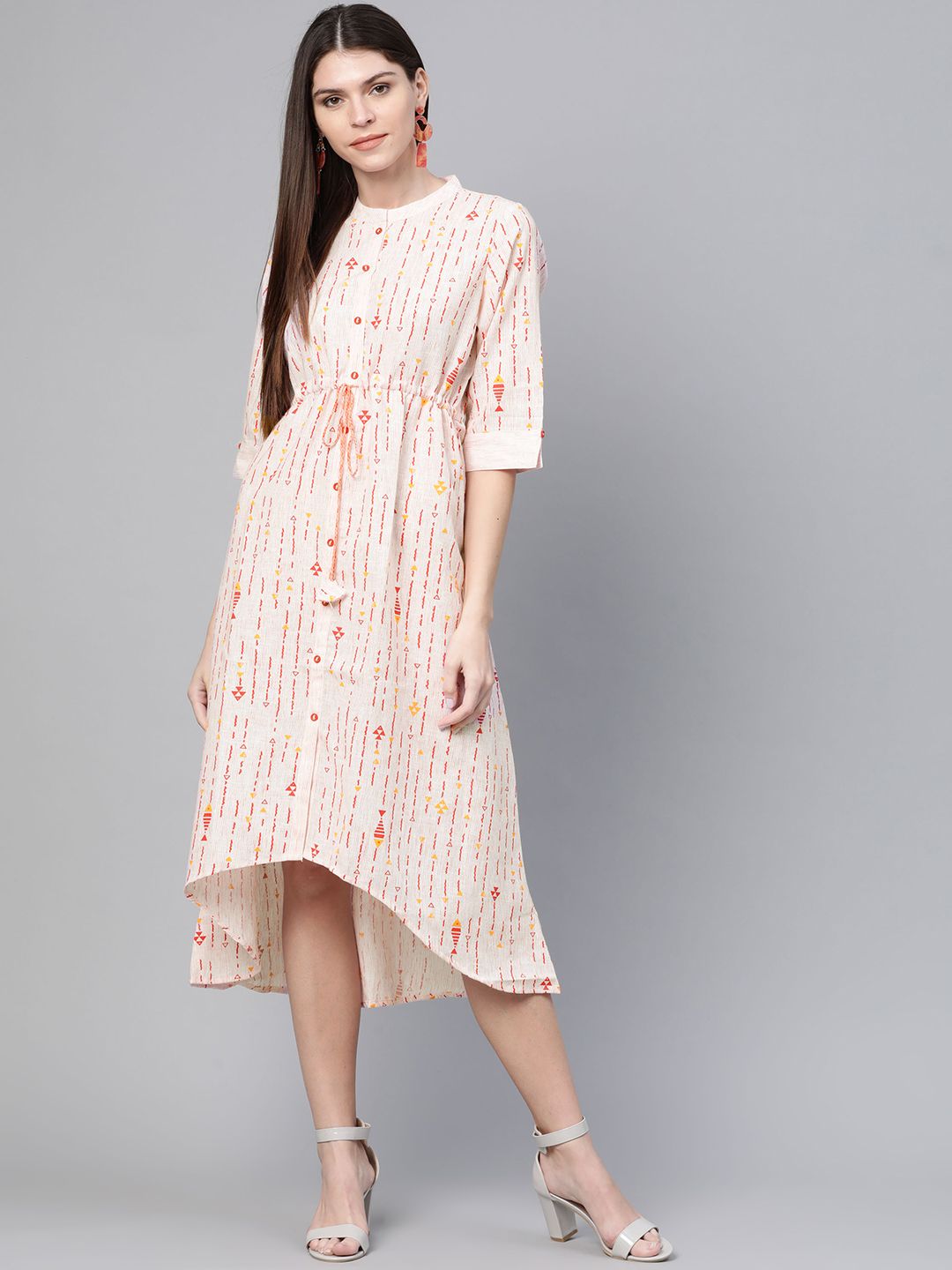 Rangriti Women Off-White & Orange Printed A-Line Dress Price in India