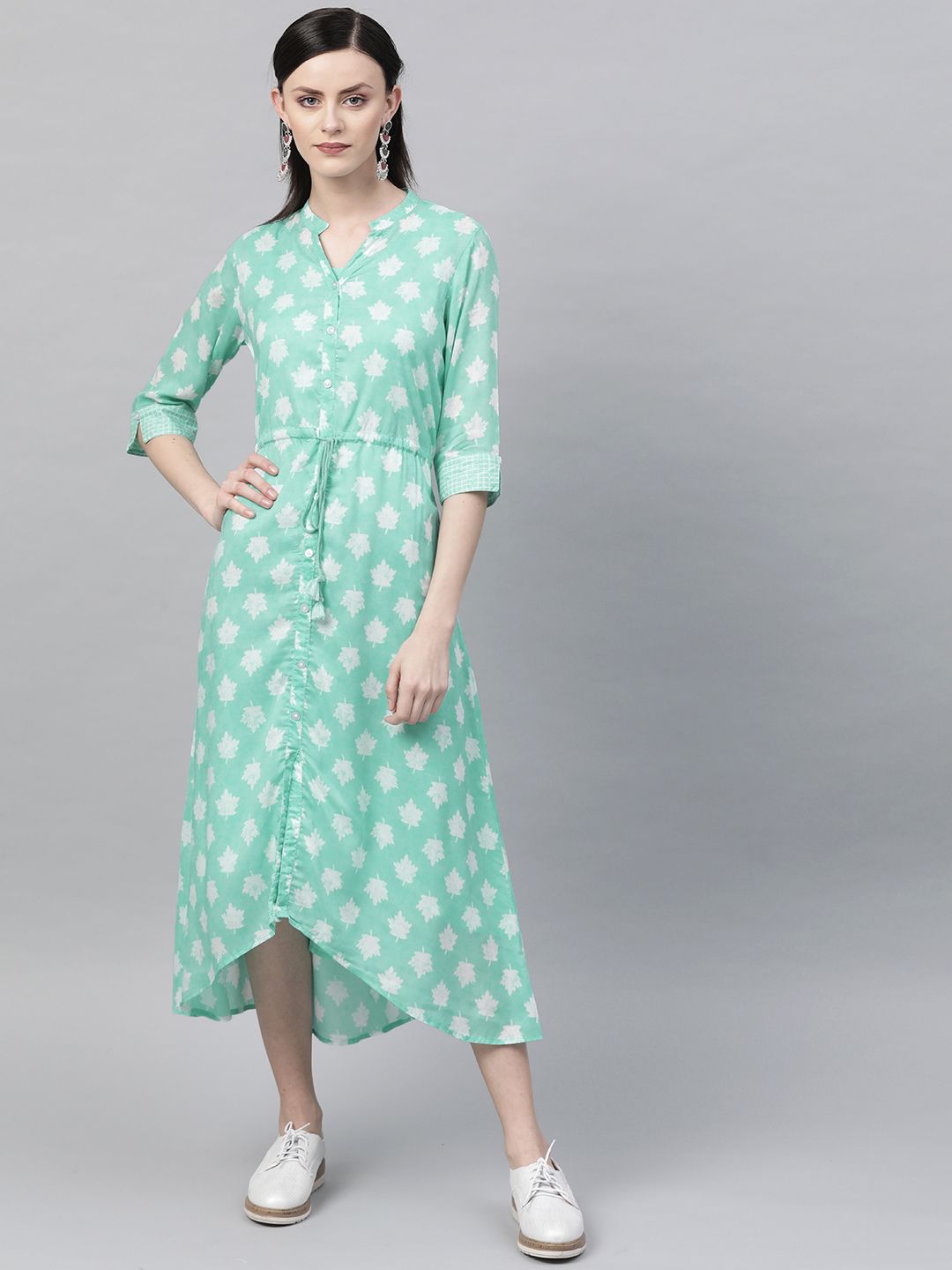 Rangriti Women Sea Green & White Leaf Print A-Line Dress Price in India