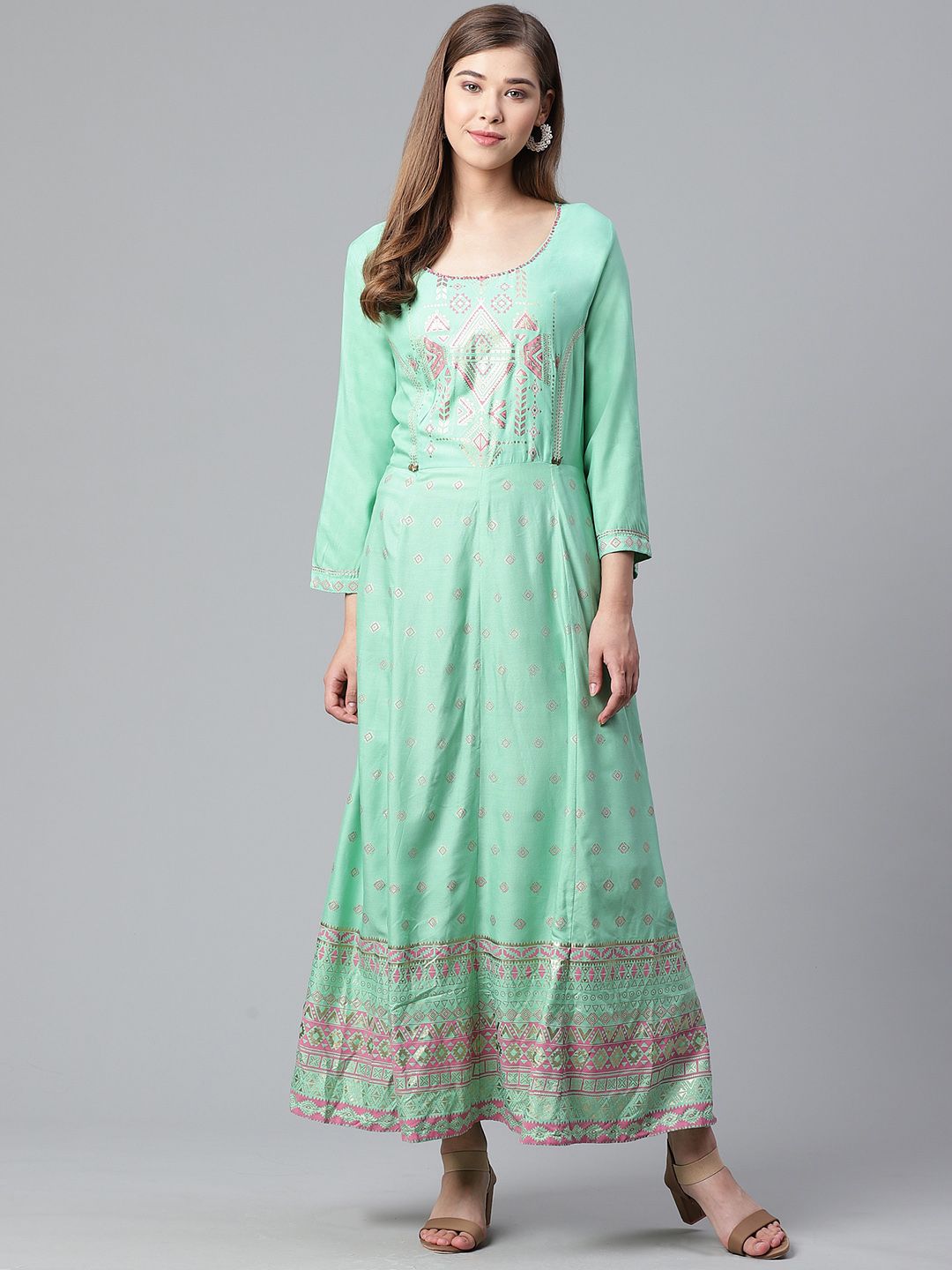 Rangriti Women Green & Pink Printed Maxi Dress Price in India