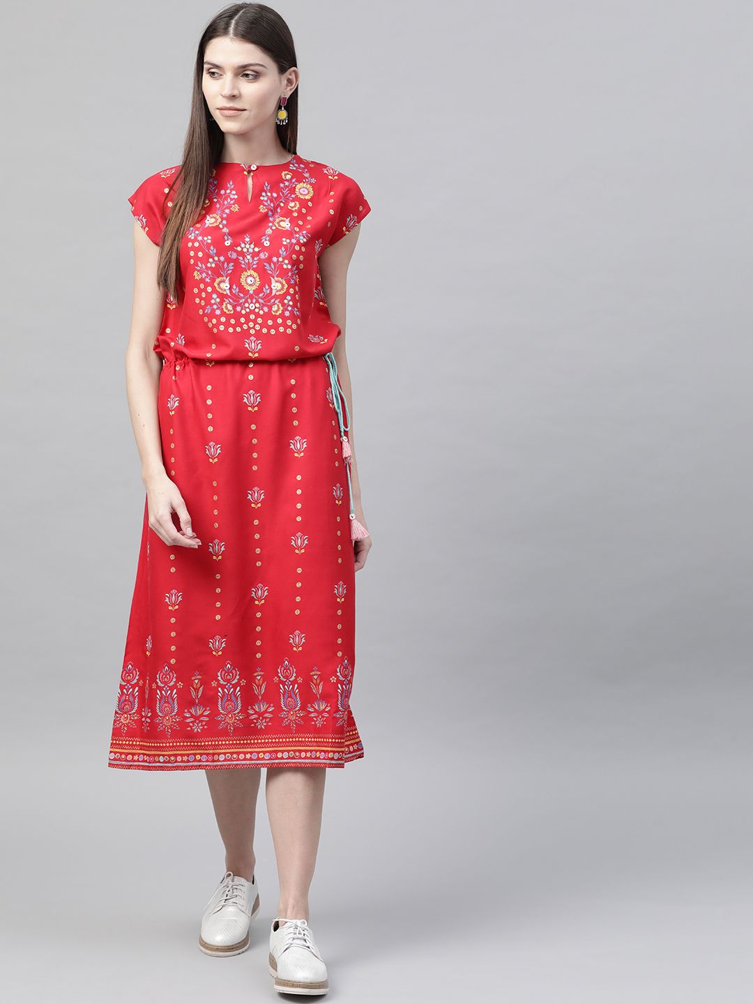 Rangriti Women Red & Blue Printed A-Line Dress Price in India