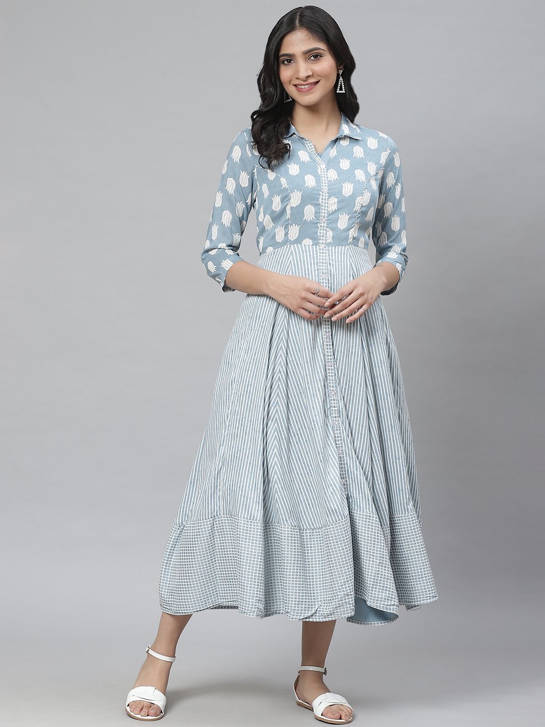 Rangriti Women Blue & White Striped Shirt Dress Price in India