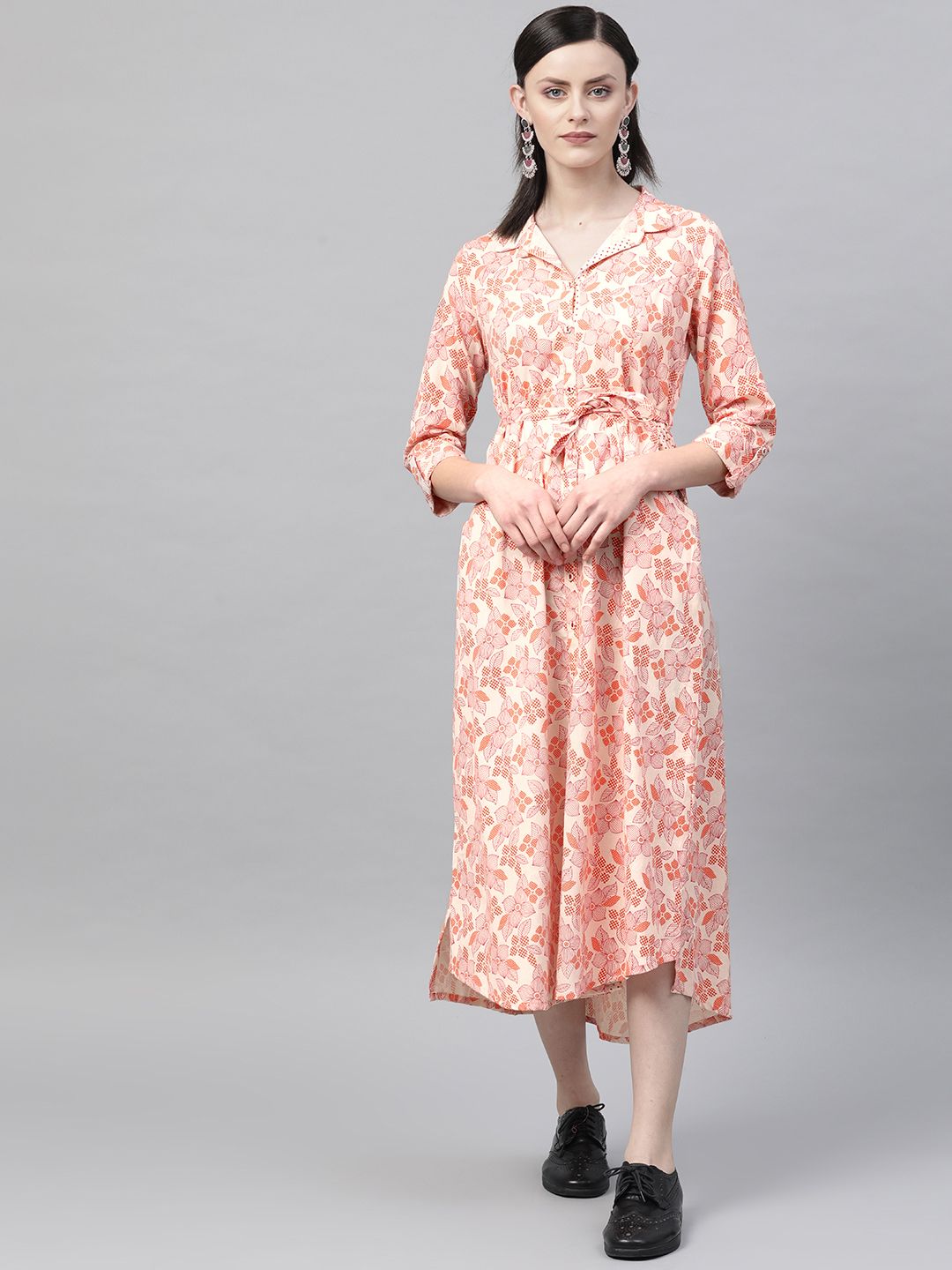 Rangriti Women Cream-Coloured & Orange Floral Print Shirt Dress Price in India