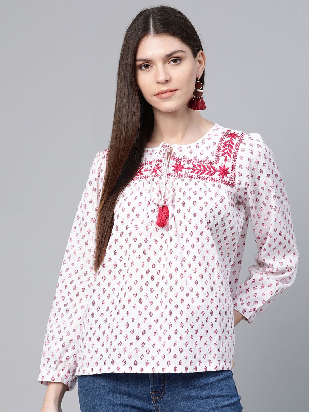 Rangriti Women White & Pink Embroidered Ethnic Printed Top