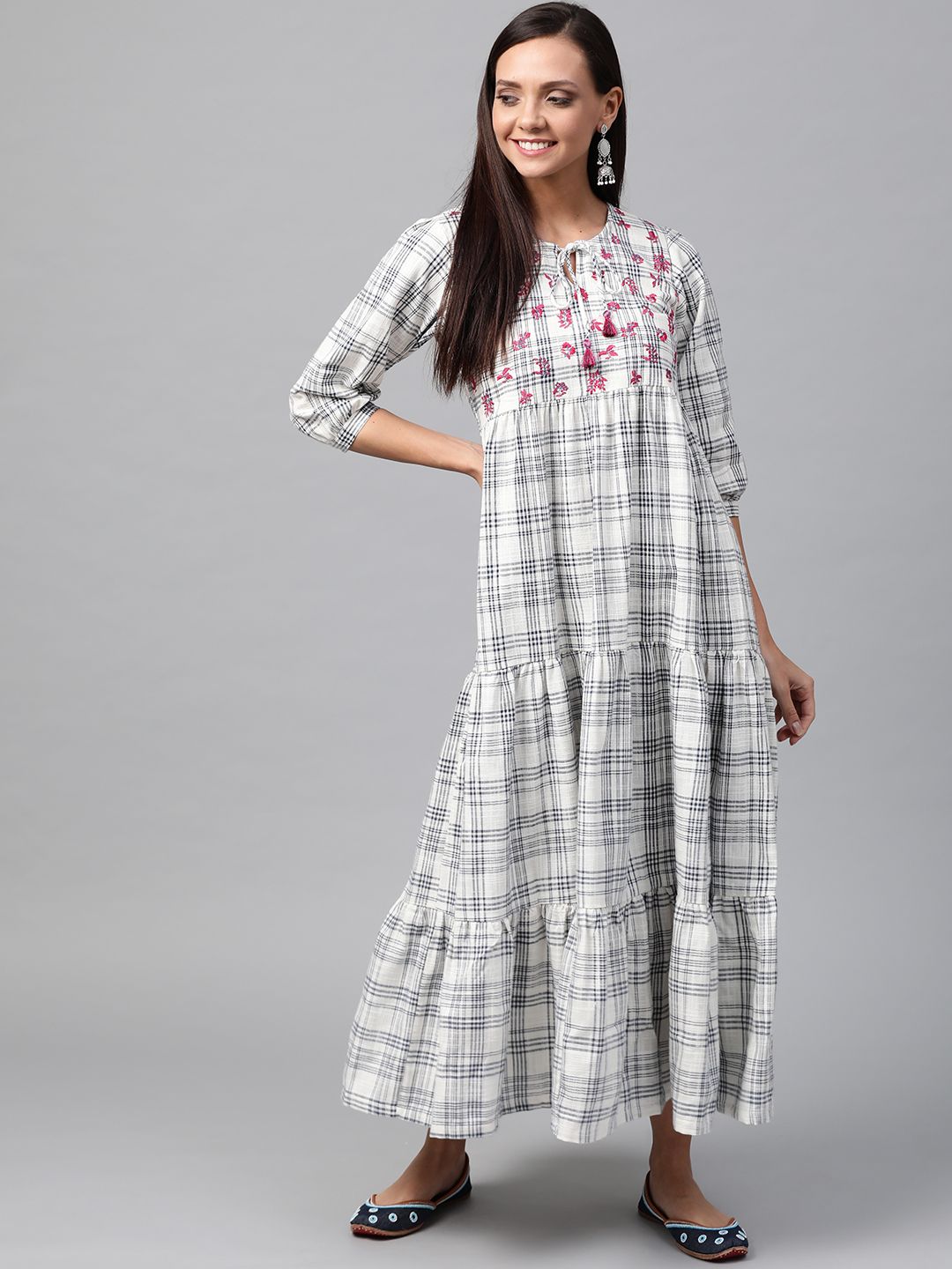 Rangriti Women White & Navy Blue Checked Maxi Dress Price in India