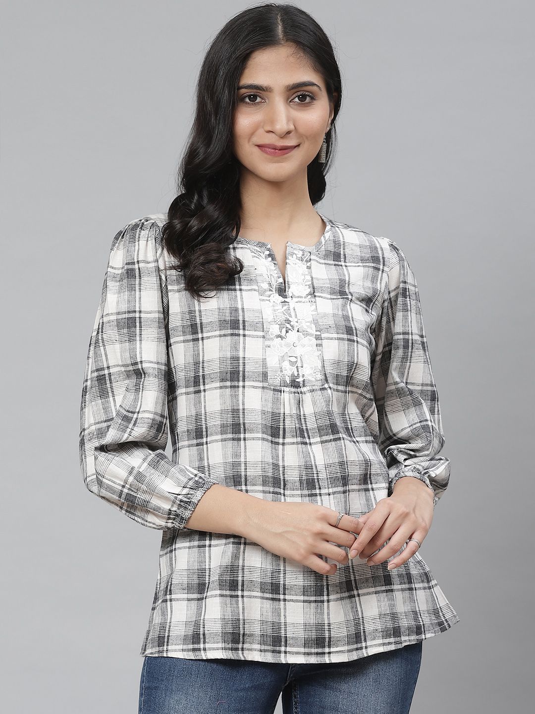 Rangriti Women Grey & Off-White Puff-Sleeved Checked Top