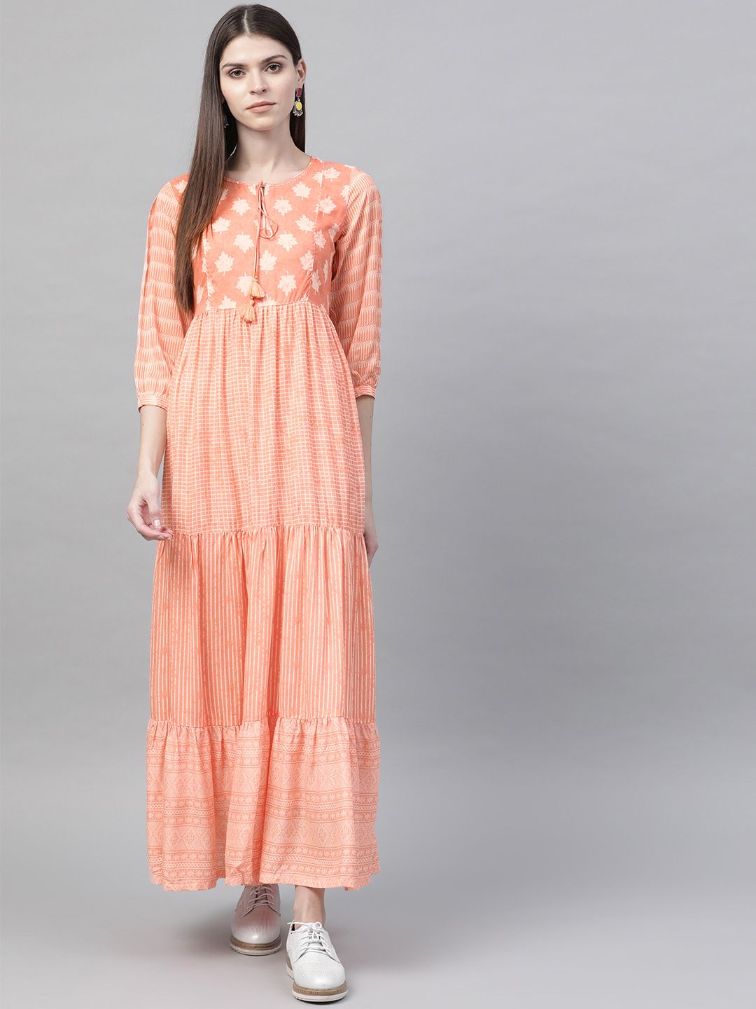 Rangriti Women Peach-Coloured & White Checked Tiered Maxi Dress Price in India