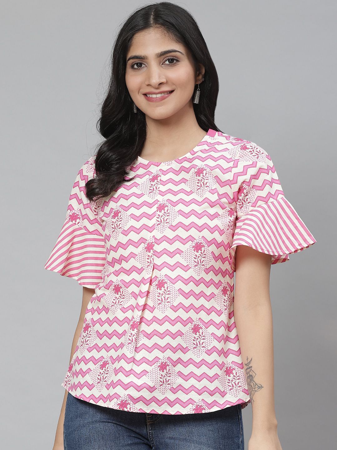 Rangriti Women Pink & White Chevron Print Pure Cotton Top