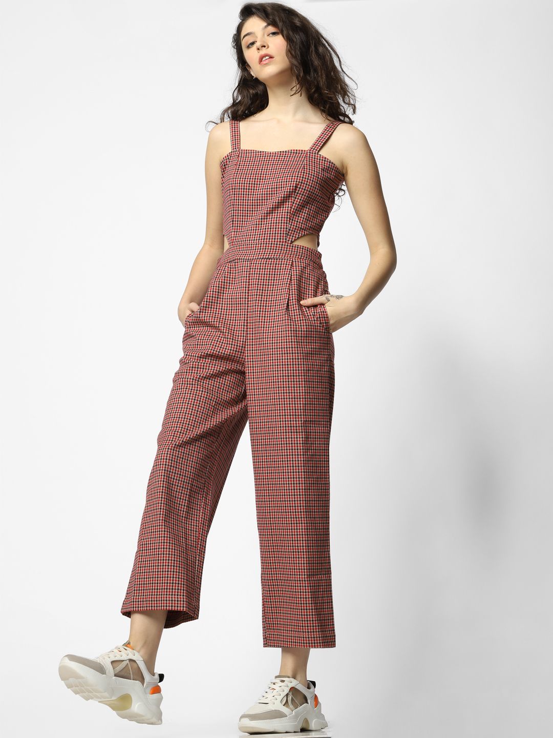 ONLY Women Red & Beige Checked Basic Jumpsuit Price in India