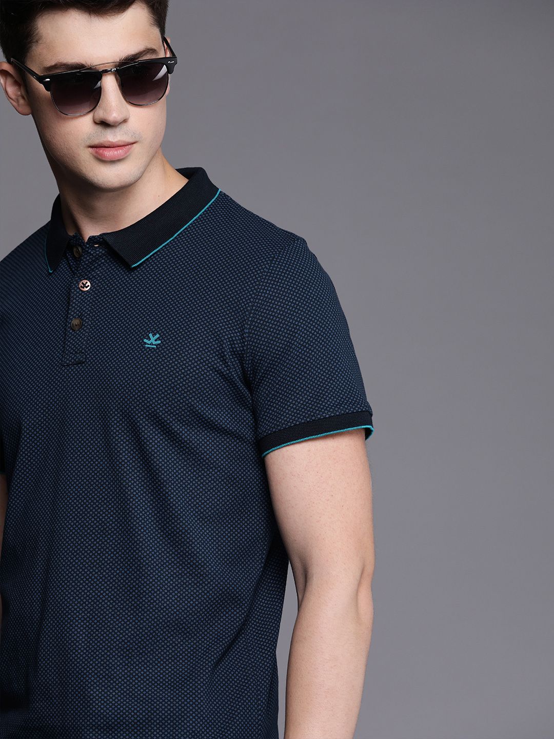 WROGN Men Navy Blue Printed Slim Fit Polo Collar T-shirt