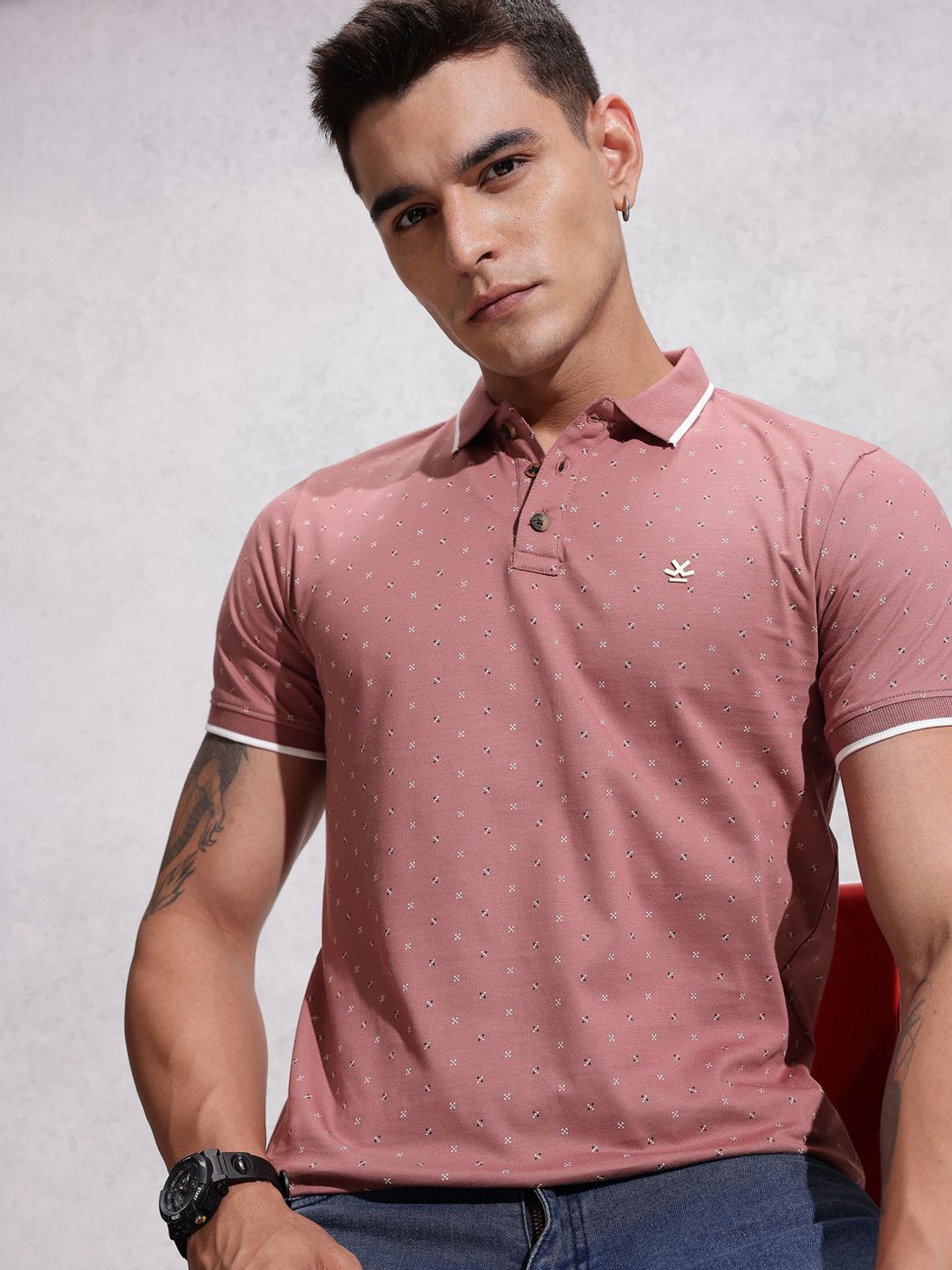 WROGN Geometric Printed Polo Collar Cotton Slim Fit T-shirt
