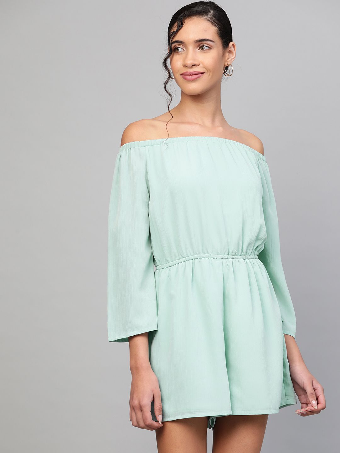 SASSAFRAS Women Sea Green Solid Off-Shoulder Playsuit Price in India